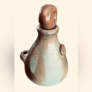 Seagrove Art Pottery Ink Well Jar w/Quill Holder & Stopper Signed Brown/Lt Blu…